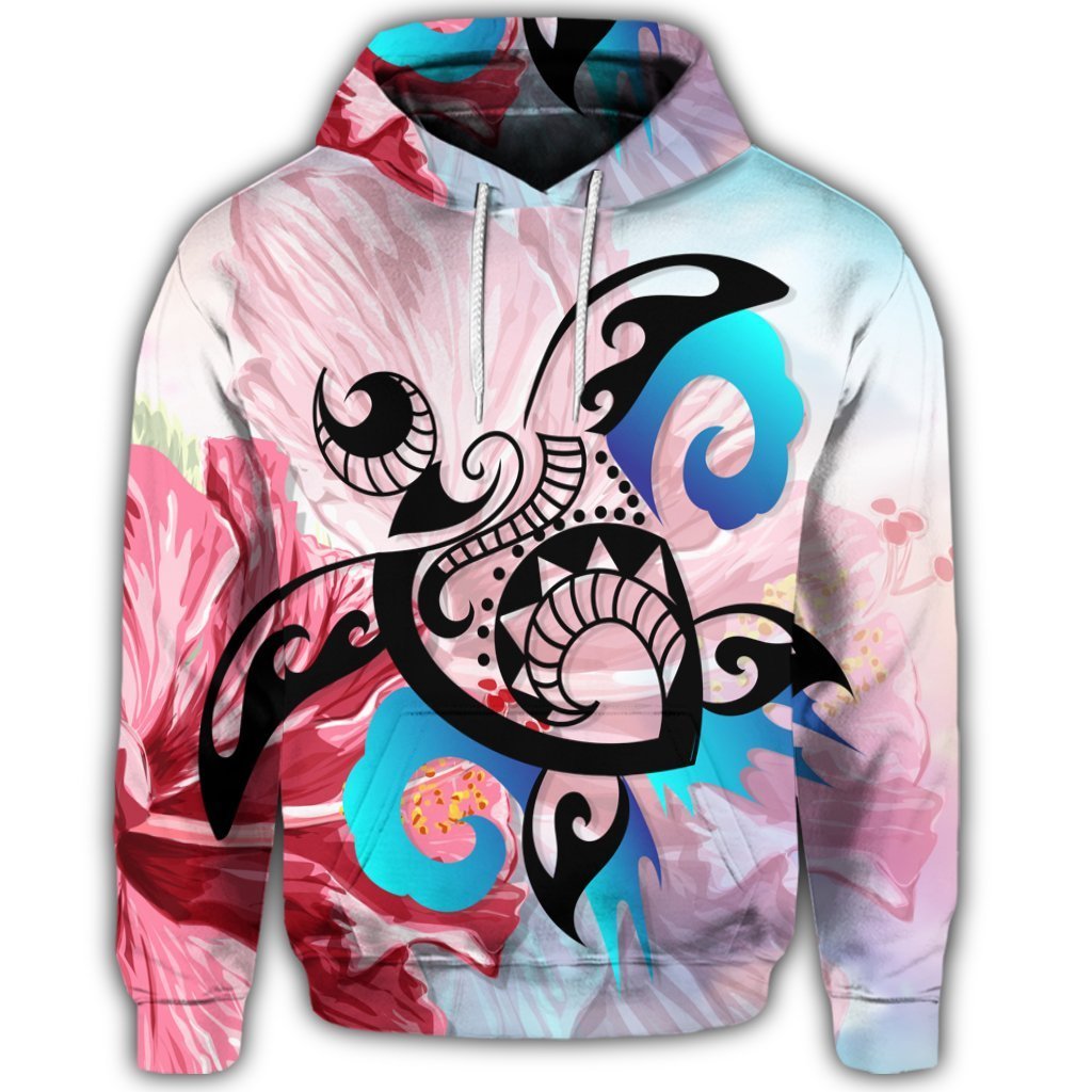 Hawaiian Wave Hibiscus Watercolor Turtle Polynesian Hoodie KIDS - Polynesian Pride