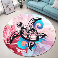 Hawaiian Wave Hibiscus Watercolor Turtle Polynesian Round Carpet - AH - Polynesian Pride