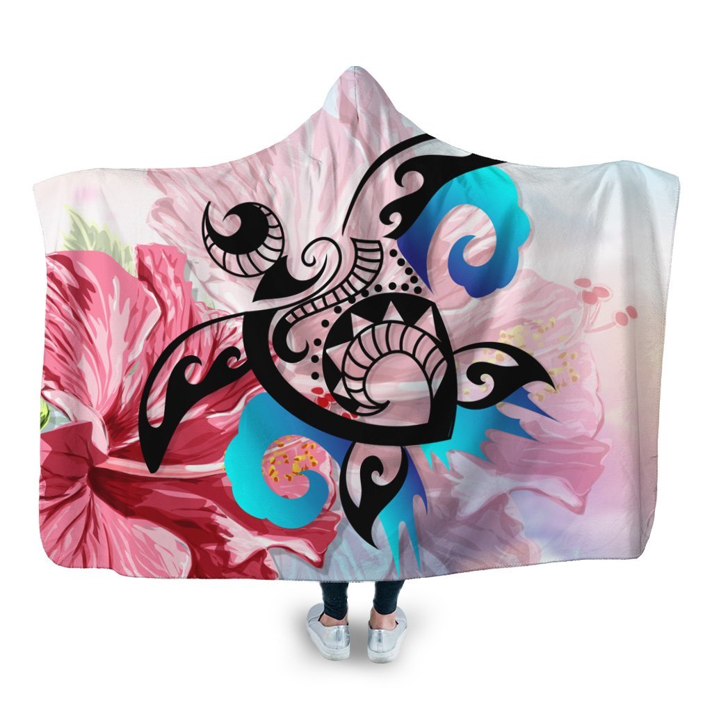 Hawaiian Wave Hibiscus Watercolor Turtle Polynesian Hooded Blanket - AH Hooded Blanket White - Polynesian Pride