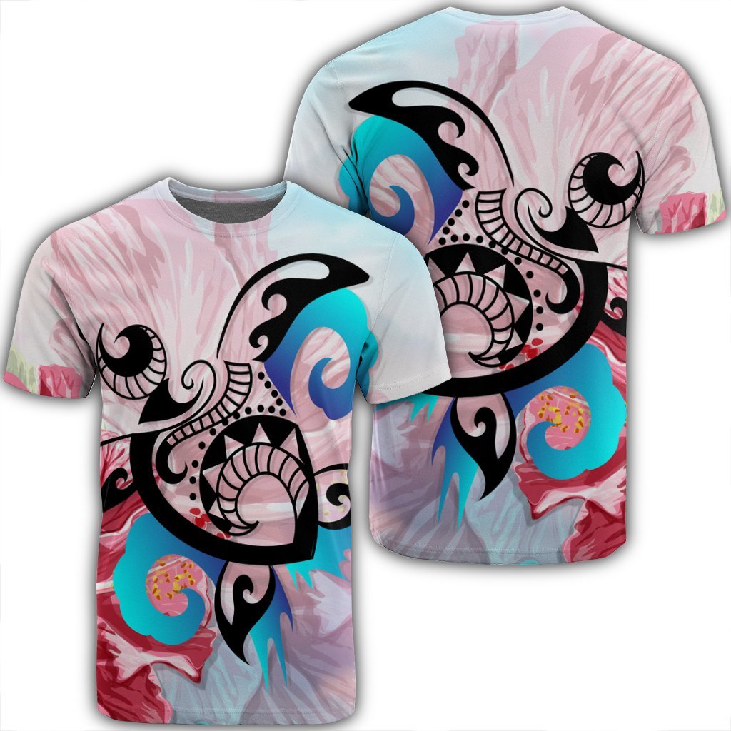 Hawaiian Wave Hibiscus Watercolor Turtle Polynesian T Shirt AH Unisex Black - Polynesian Pride