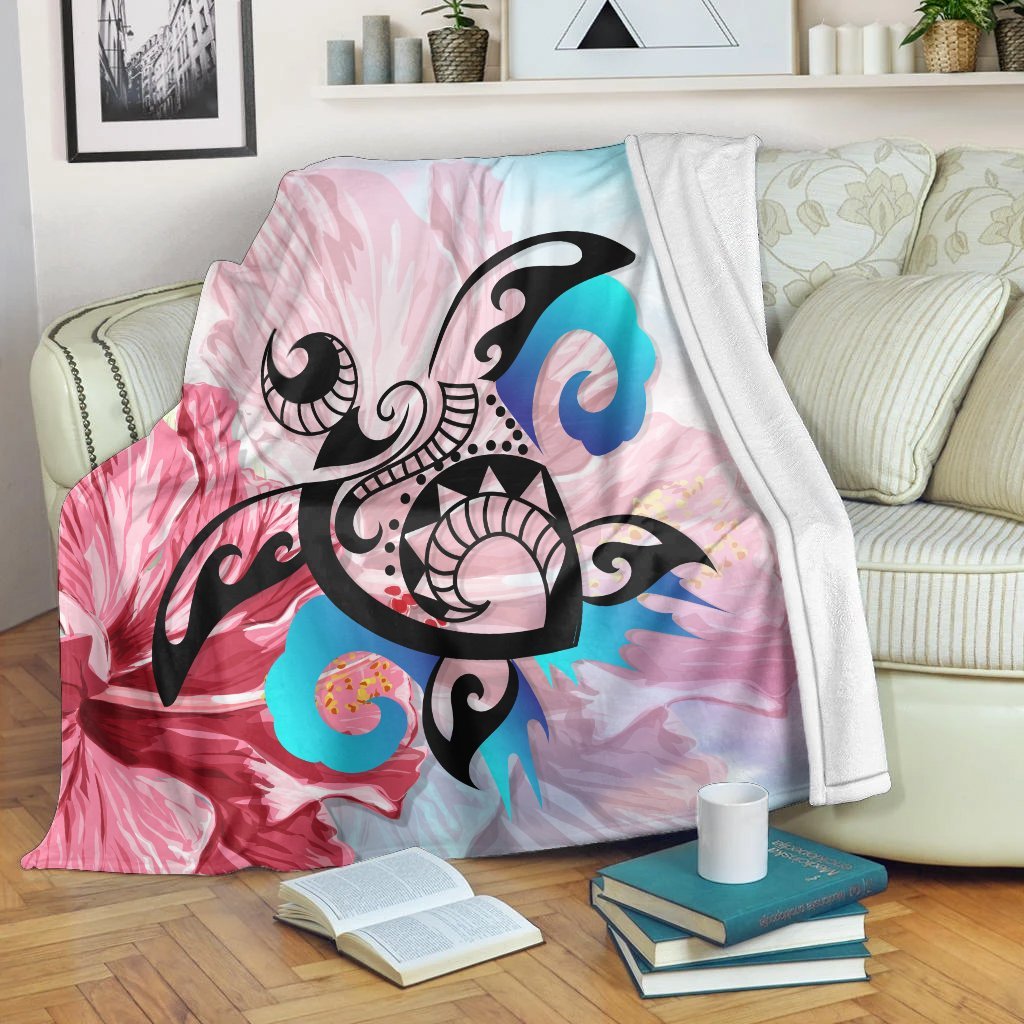 Hawaiian Wave Hibiscus Watercolor Turtle Polynesian Premium Blankets - AH White - Polynesian Pride