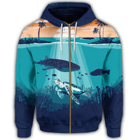 Hawaiian Whale and Turtle In Sunset Polynesian Zip Hoodie - Polynesian Pride
