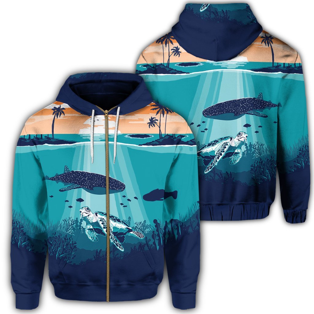 Hawaiian Whale and Turtle In Sunset Polynesian Zip Hoodie Unisex Art - Polynesian Pride