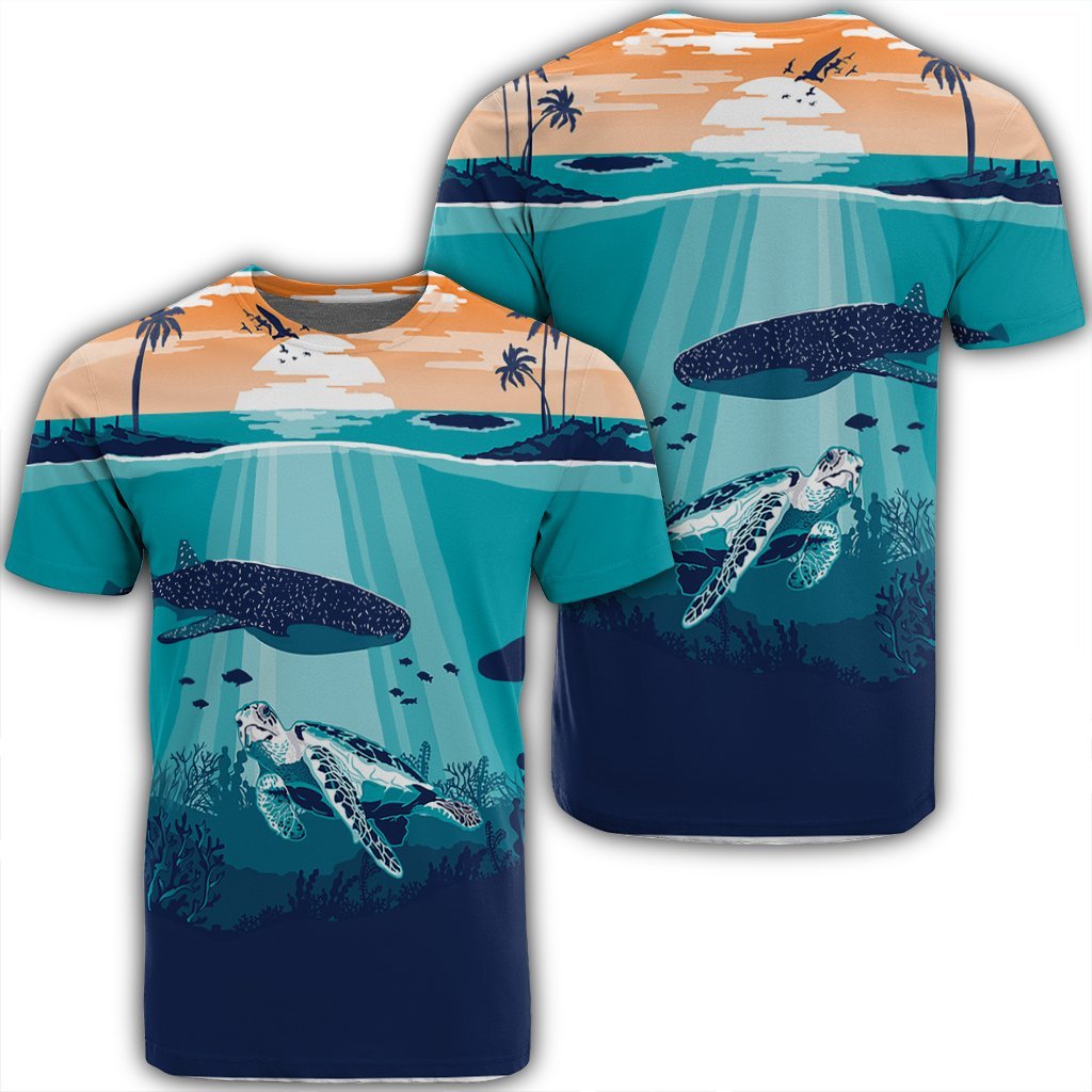 Hawaiian Whale And Turtle In Sunset Polynesian T Shirt AH Unisex Black - Polynesian Pride