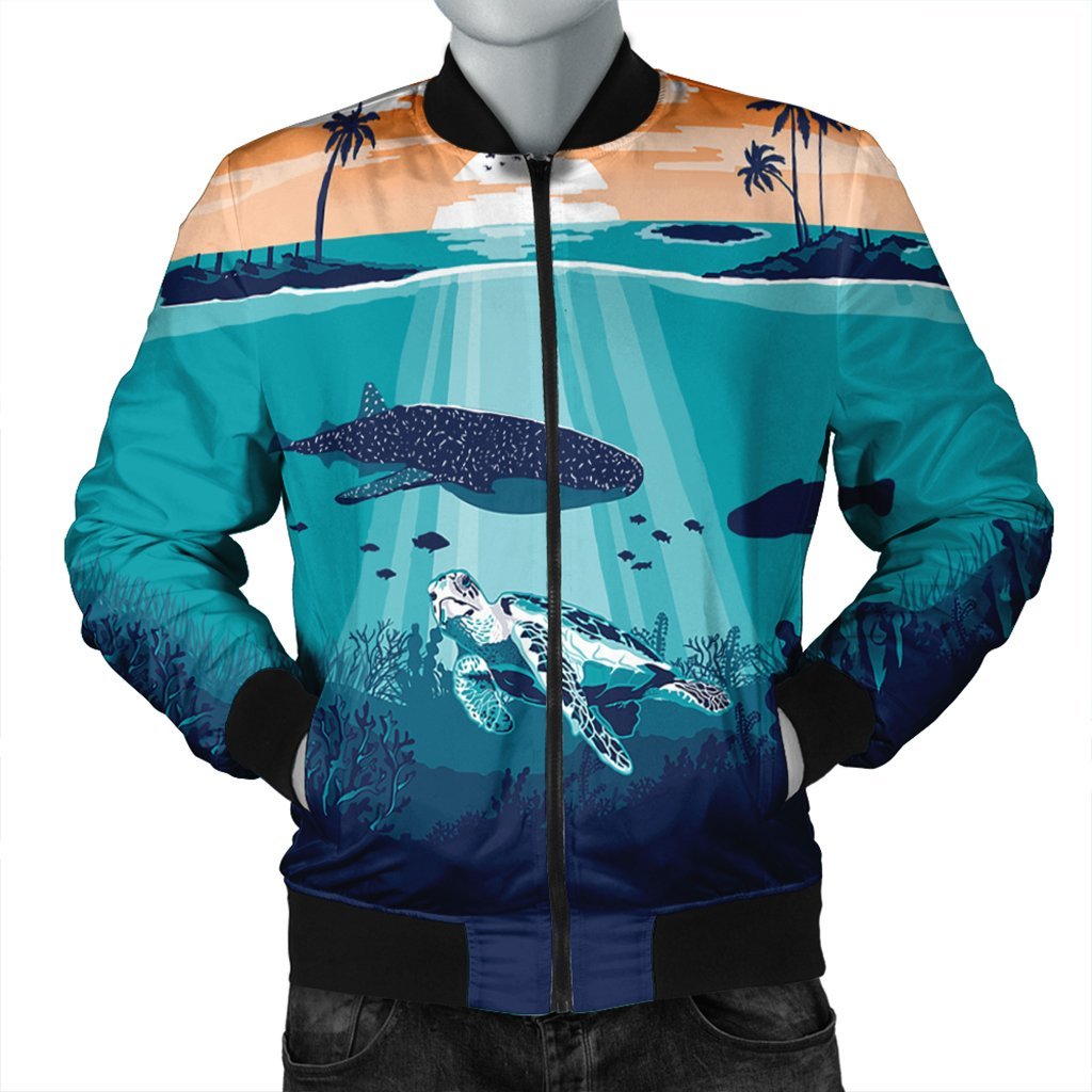 Hawaiian Whale And Turtle In Sunset Polynesian Bomber Jacket - AH Black Unisex - Polynesian Pride