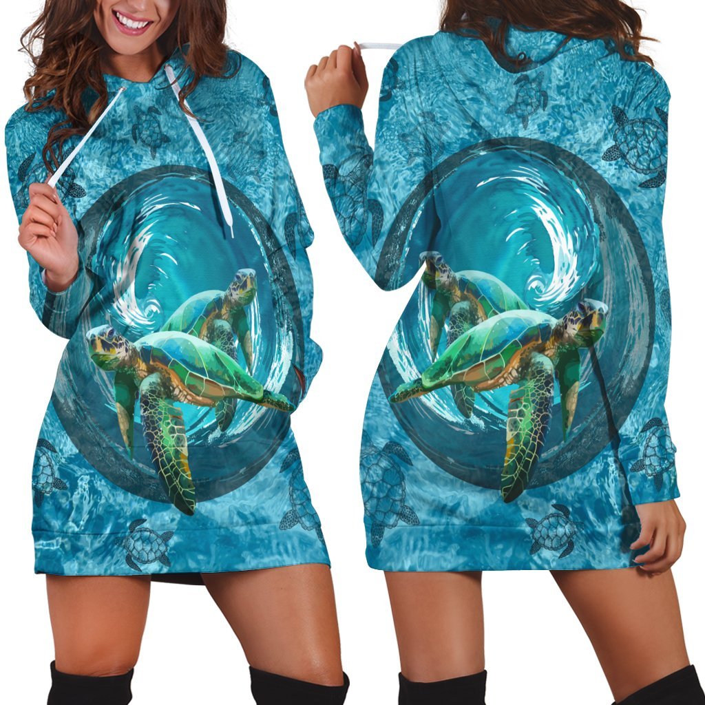 Hawaiian Whirlpool Turtle Polynesian Hoodie Dress - AH Black - Polynesian Pride