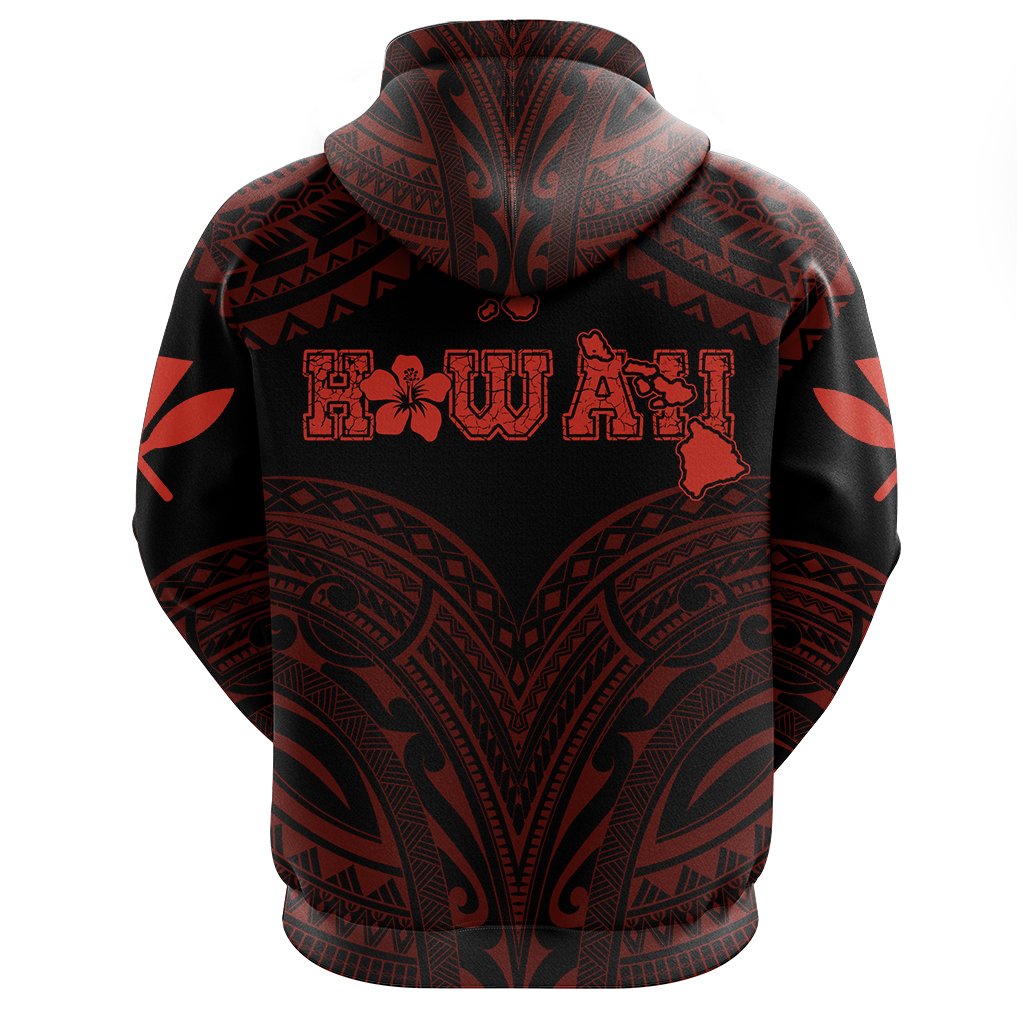 Hawaiian Kanaka Map Polynesian Hoodie Zip Red Brad Style - Polynesian Pride