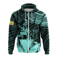 Hawaiian King Kanaka Map Polynesian Kahoolawe Hoodie Zip Turquoise Hala Style - Polynesian Pride