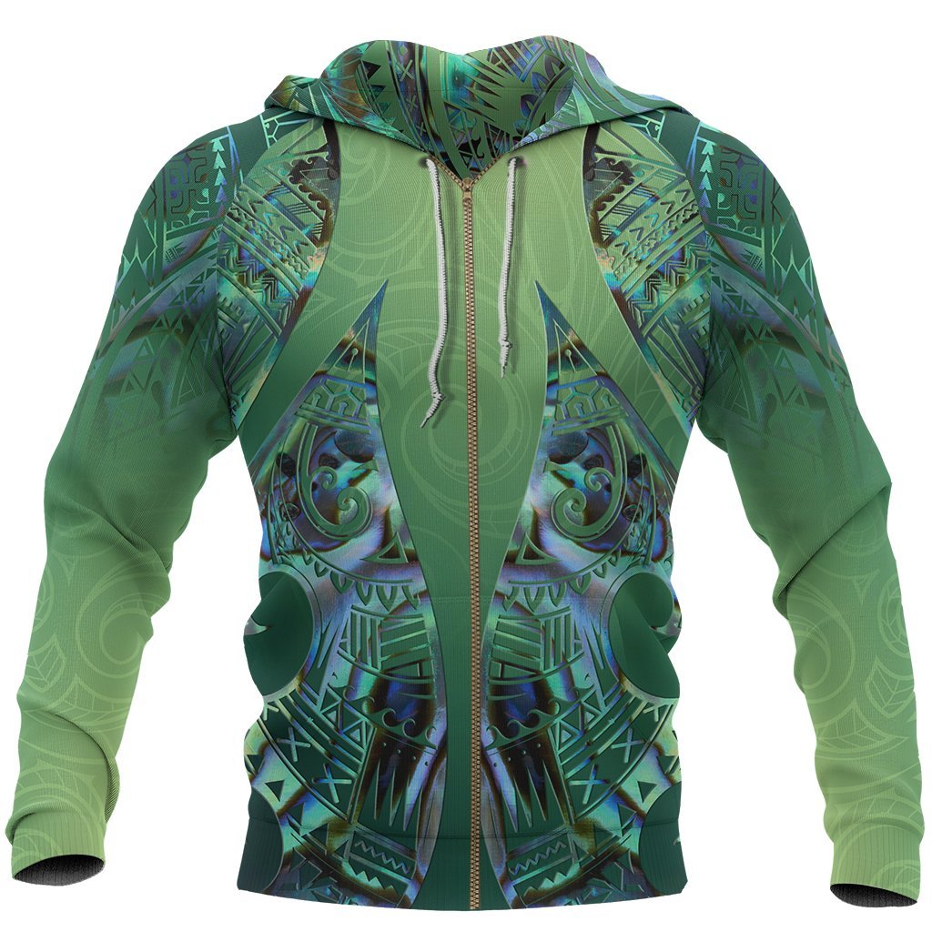 New Zealand Maori Zip Hoodie, Hei Matau Paua Shell Full Zip Hoodie Unisex Black - Polynesian Pride
