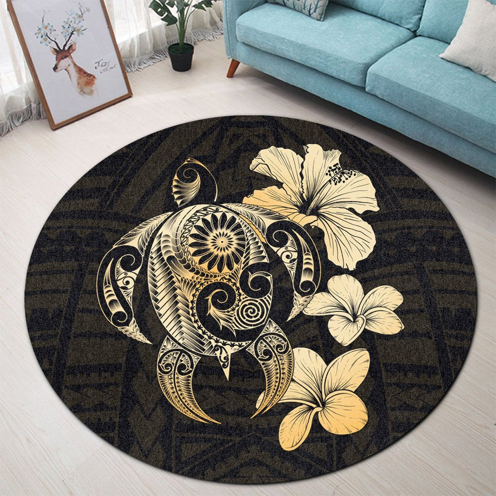 Hibiscus Plumeria Mix Polynesian Turtle Round Carpet - AH - Polynesian Pride