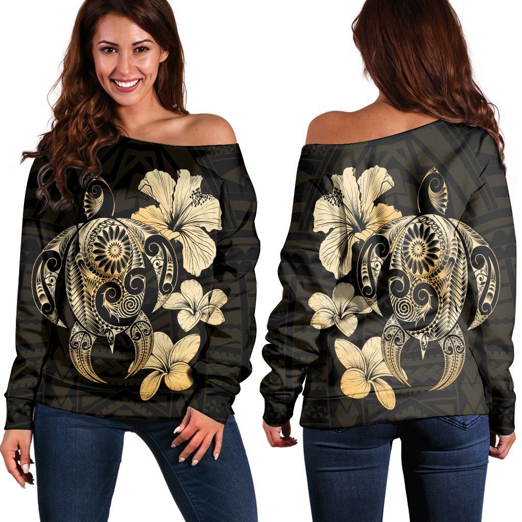 Hibiscus Plumeria Mix Polynesian Turtle Women's Off Shoulder Sweater - AH Black - Polynesian Pride