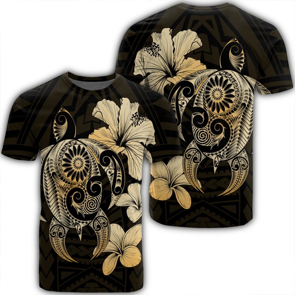 Hibiscus Plumeria Mix Polynesian Turtle T Shirt AH Unisex Black - Polynesian Pride