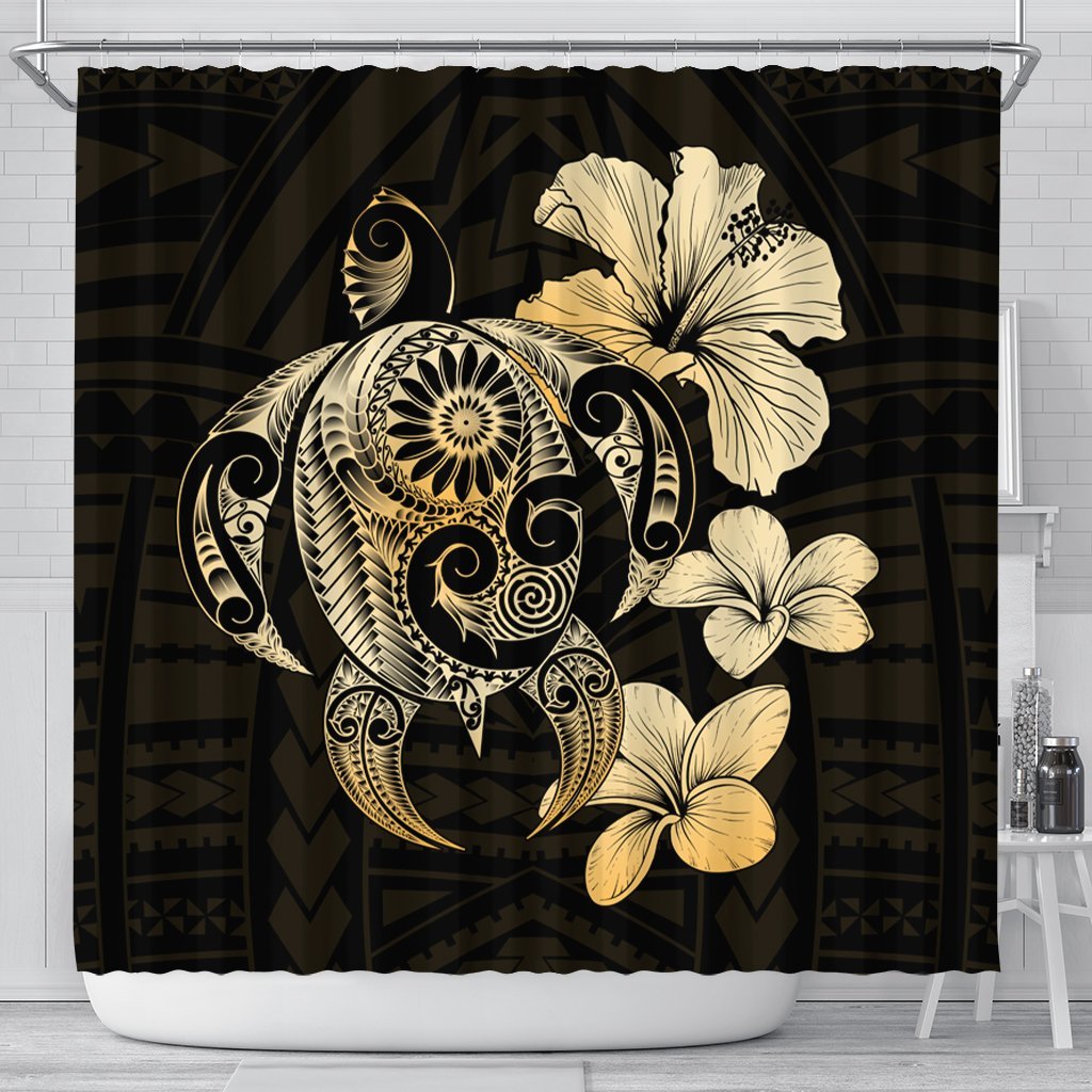 Hibiscus Plumeria Mix Polynesian Turtle Shower Curtain - AH 177 x 172 (cm) Black - Polynesian Pride