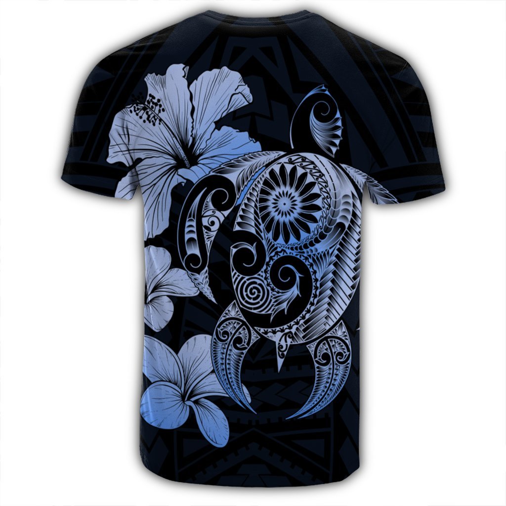 Hibiscus Plumeria Mix Polynesian Turtle T Shirt Blue AH - Polynesian Pride