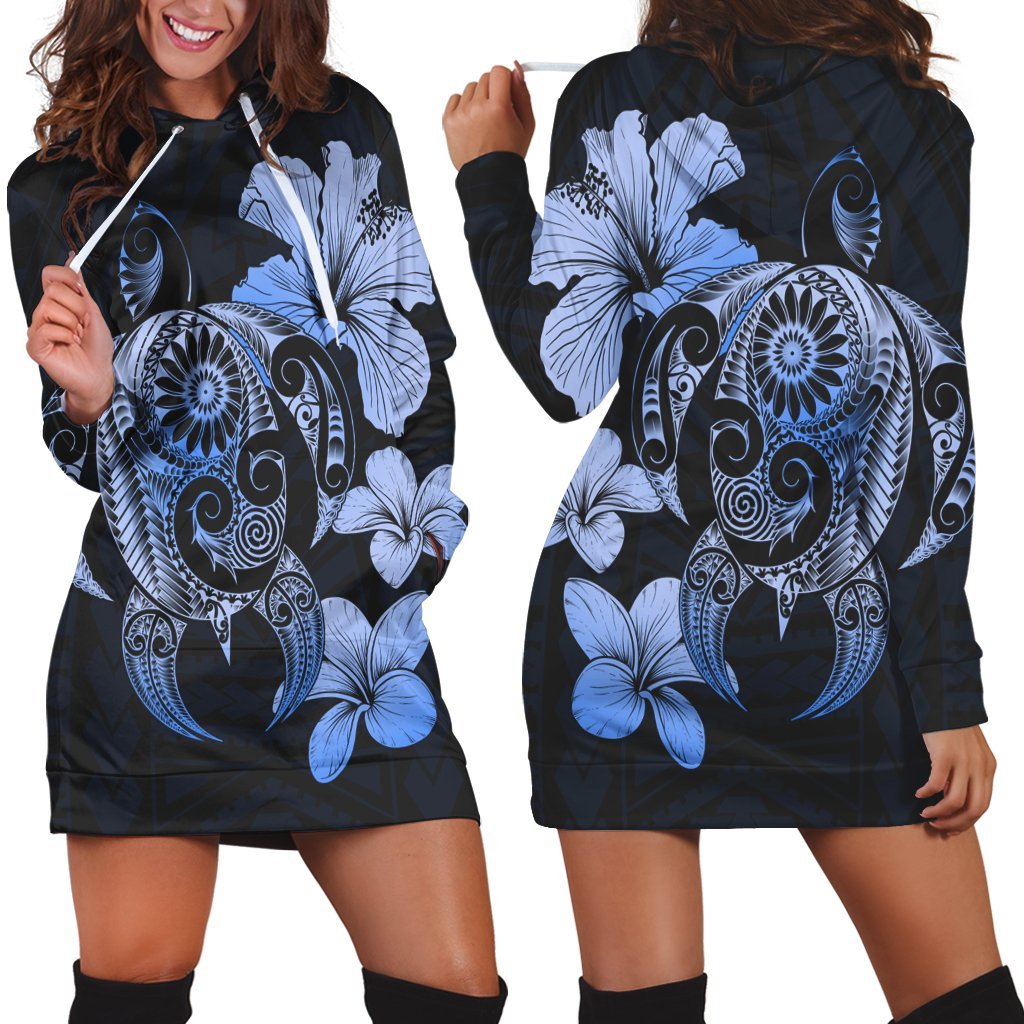 Hibiscus Plumeria Mix Polynesian Turtle Hoodie Dress Blue - AH Black - Polynesian Pride