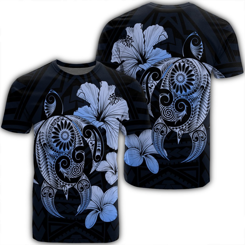Hibiscus Plumeria Mix Polynesian Turtle T Shirt Blue AH Unisex Black - Polynesian Pride