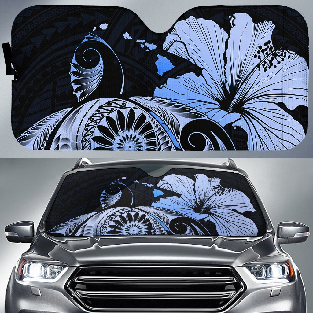 Hibiscus Plumeria Mix Polynesian Turtle Car Sun Shade Blue AH Auto Sun Shade Universal Fit White - Polynesian Pride