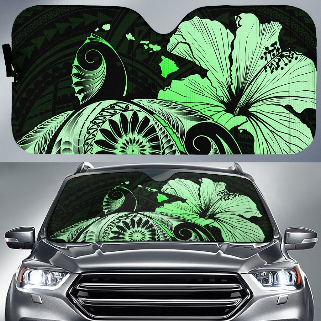Hibiscus Plumeria Mix Polynesian Turtle Car Sun Shade Green AH Auto Sun Shade Universal Fit White - Polynesian Pride