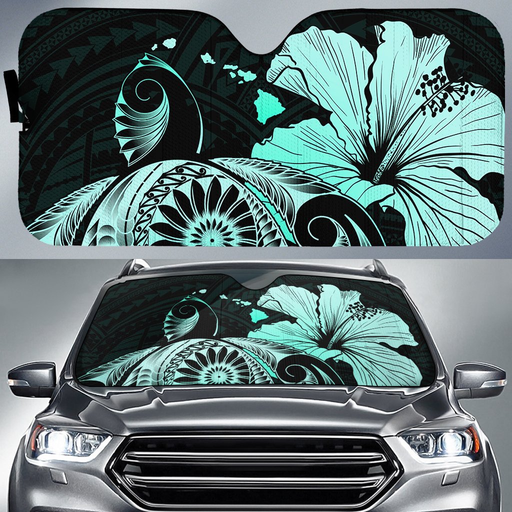 Hibiscus Plumeria Mix Polynesian Turtle Car Sun Shade Turquoise AH Auto Sun Shade Universal Fit White - Polynesian Pride