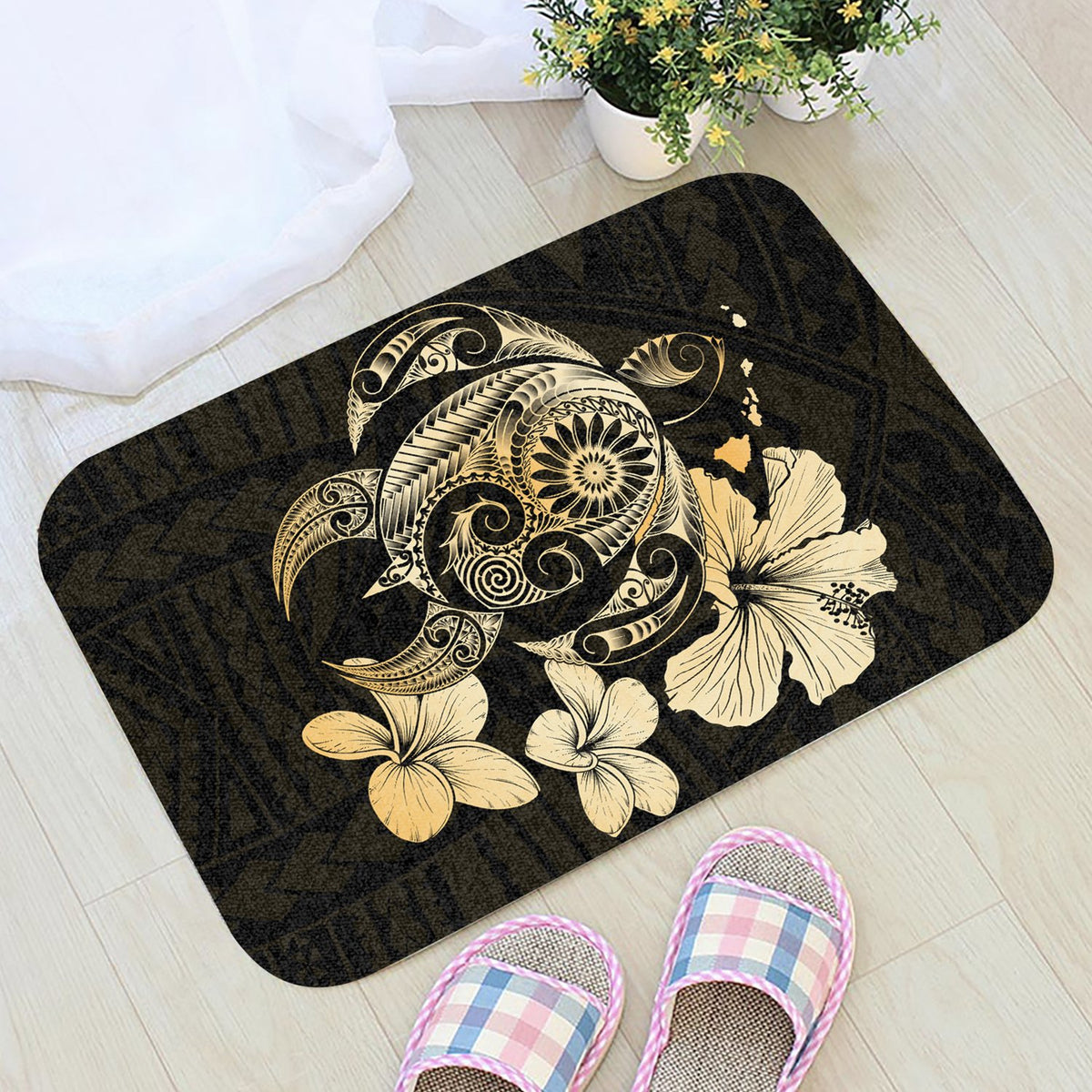 Hibiscus Plumeria Mix Polynesian Turtle Door Mat Gold AH - Polynesian Pride