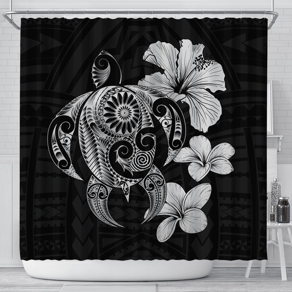 Hibiscus Plumeria Mix Polynesian Turtle Shower Curtain Gray - AH 177 x 172 (cm) Black - Polynesian Pride