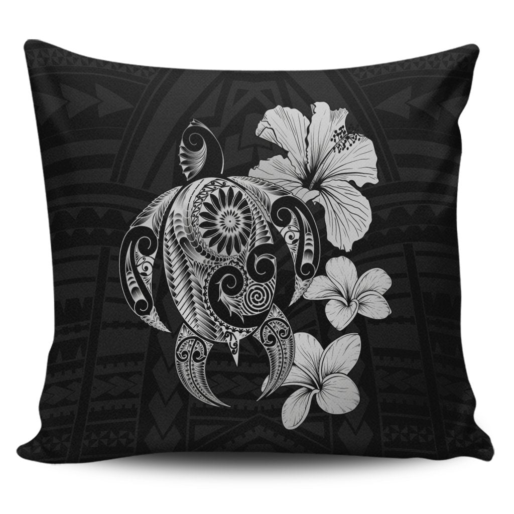 Hibiscus Plumeria Mix Polynesian Turtle Pillow Covers Gray - AH Pillow Covers Black - Polynesian Pride