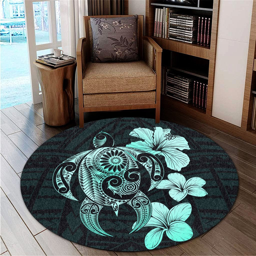 Hibiscus Plumeria Mix Polynesian Turtle Round Carpet Turquoise - AH - Polynesian Pride
