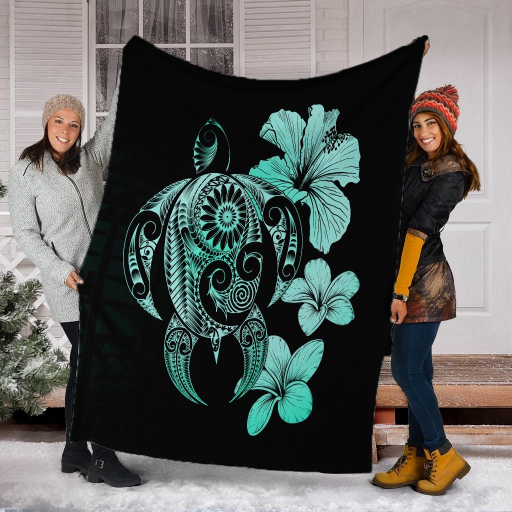 Hibiscus Plumeria Mix Polynesian Turtle Premium Blankets Turquoise - AH - Polynesian Pride