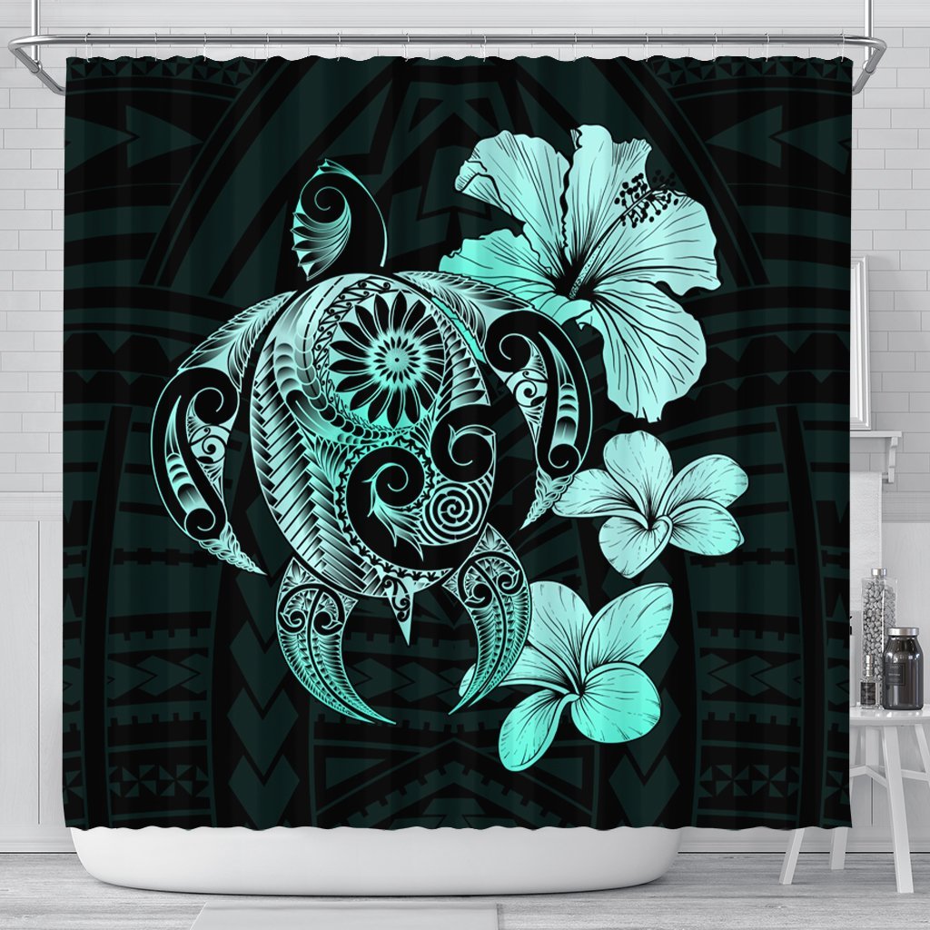 Hibiscus Plumeria Mix Polynesian Turtle Shower Curtain Turquoise - AH 177 x 172 (cm) Black - Polynesian Pride