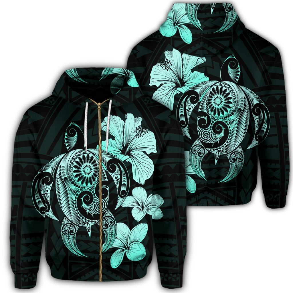 Hibiscus Plumeria Mix Polynesian Turtle Zip Hoodie Turquoise Unisex Art - Polynesian Pride