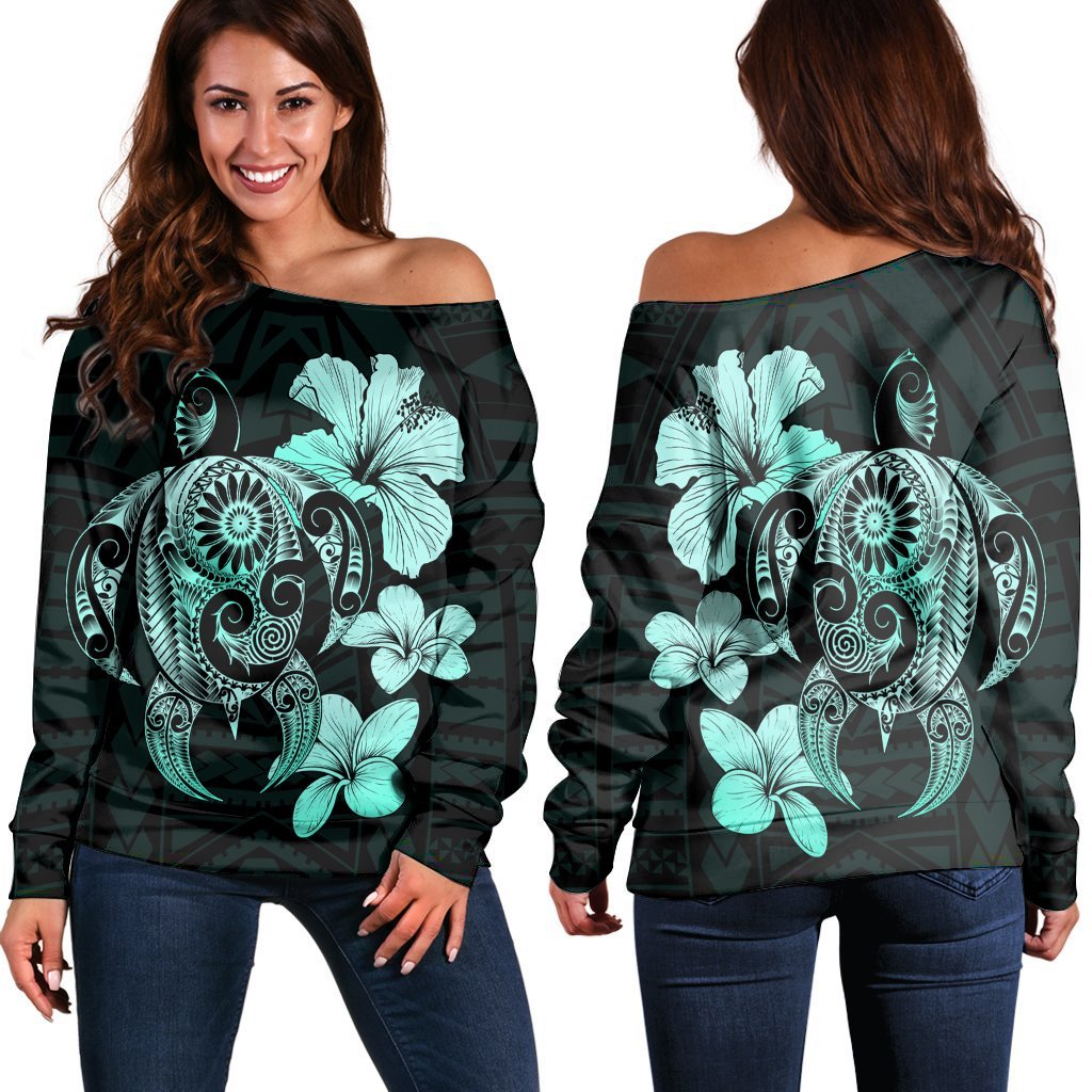 Hibiscus Plumeria Mix Polynesian Turtle Women's Off Shoulder Sweater Turquoise - AH Black - Polynesian Pride