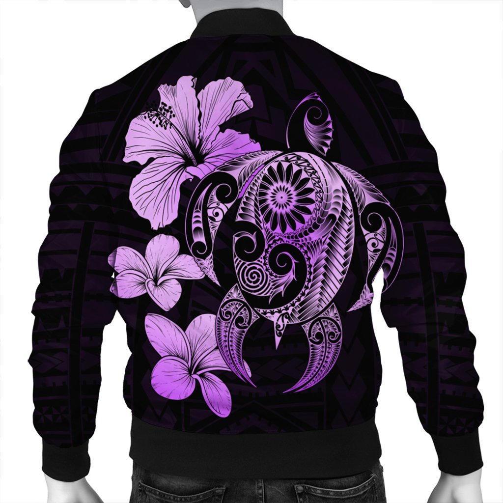 Hibiscus Plumeria Mix Polynesian Turtle Bomber Jacket Violet - AH - Polynesian Pride