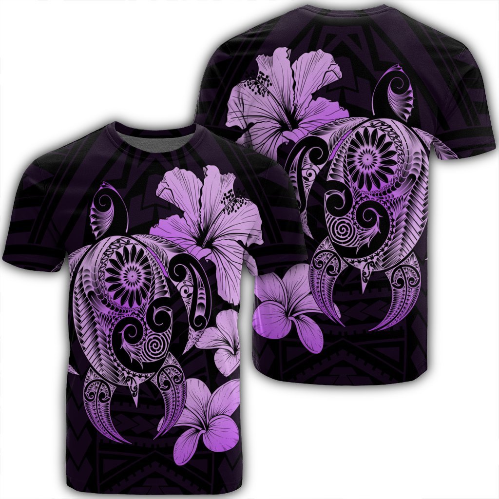 Hibiscus Plumeria Mix Polynesian Turtle T Shirt Violet AH Unisex Black - Polynesian Pride