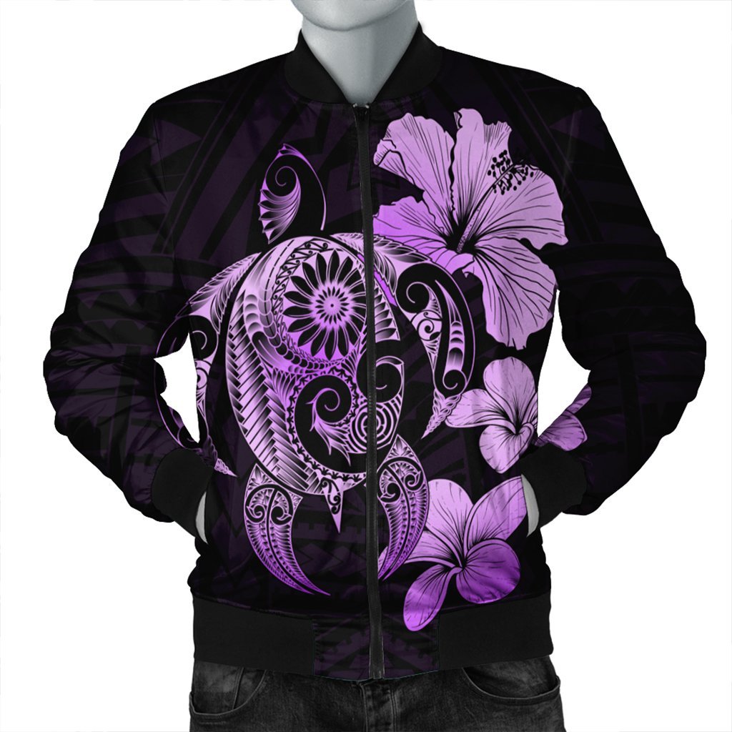 Hibiscus Plumeria Mix Polynesian Turtle Bomber Jacket Violet - AH Black Unisex - Polynesian Pride