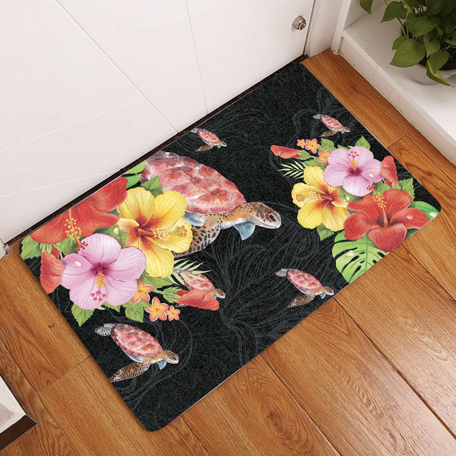 Hibiscus Plumeria Turtle Door Mat AH Door Mat Black - Polynesian Pride