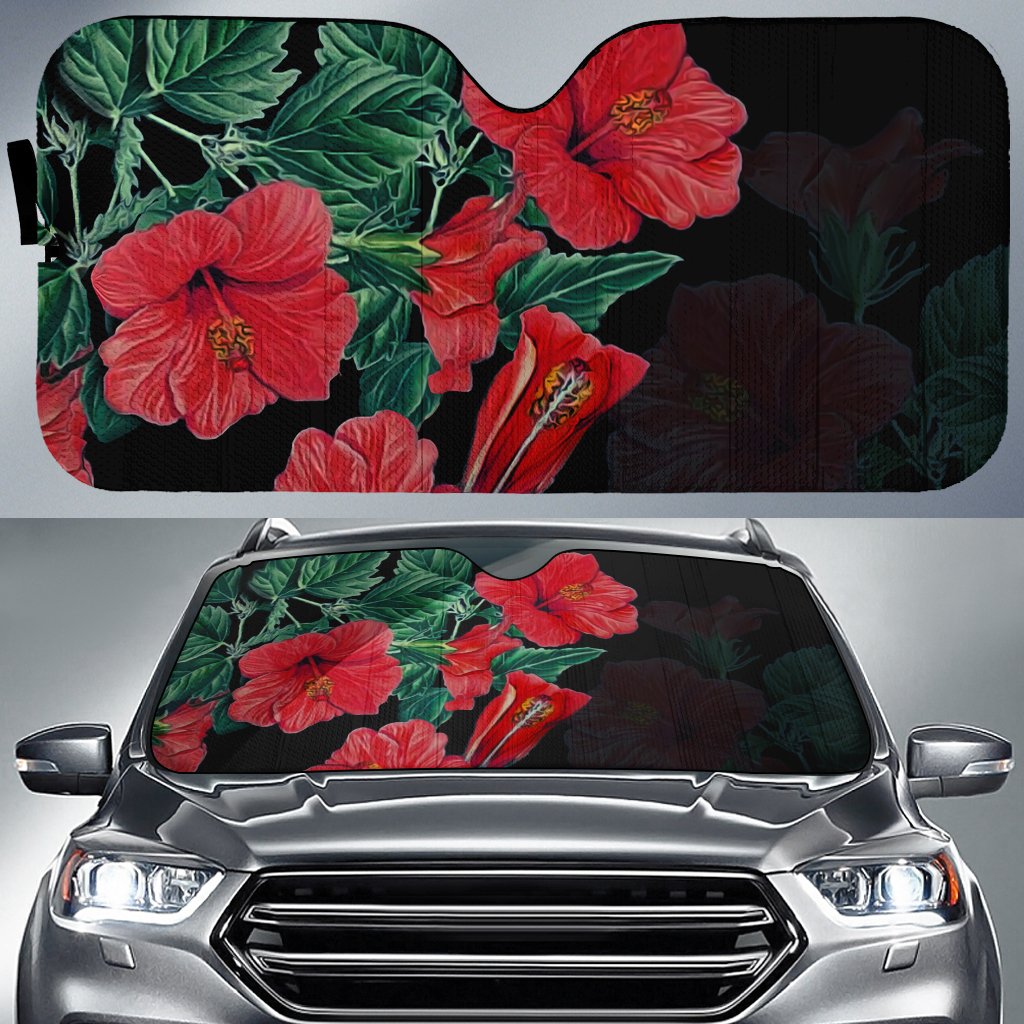 Hibiscus Red Flower Car Sun Shade AH Auto Sun Shade Universal Fit White - Polynesian Pride