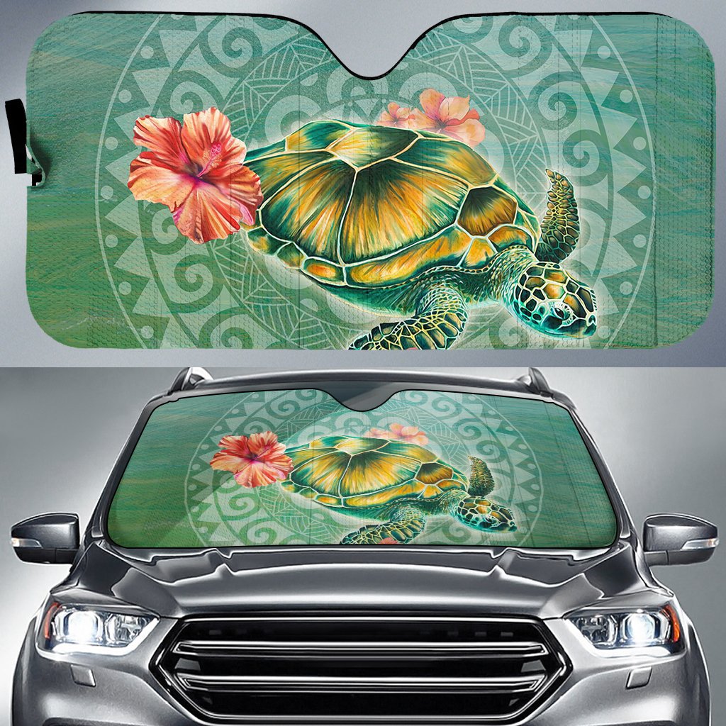 Hibiscus Turtle Swimming Car Sun Shade AH Auto Sun Shade Universal Fit White - Polynesian Pride