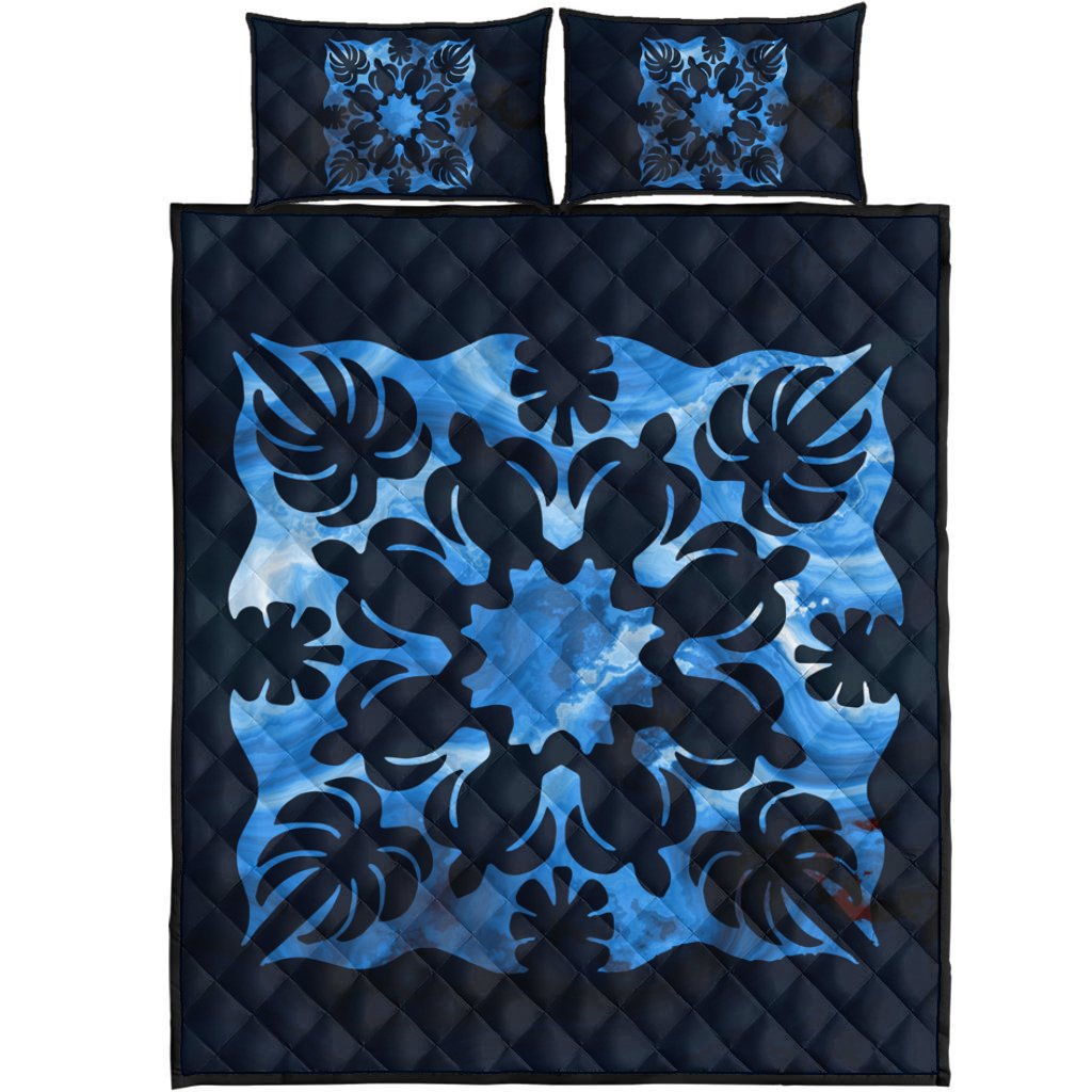 Hawaii Quilt Bed Set - Honu Circle Quilting Style Quilt Bed Set - AH Blue - Polynesian Pride