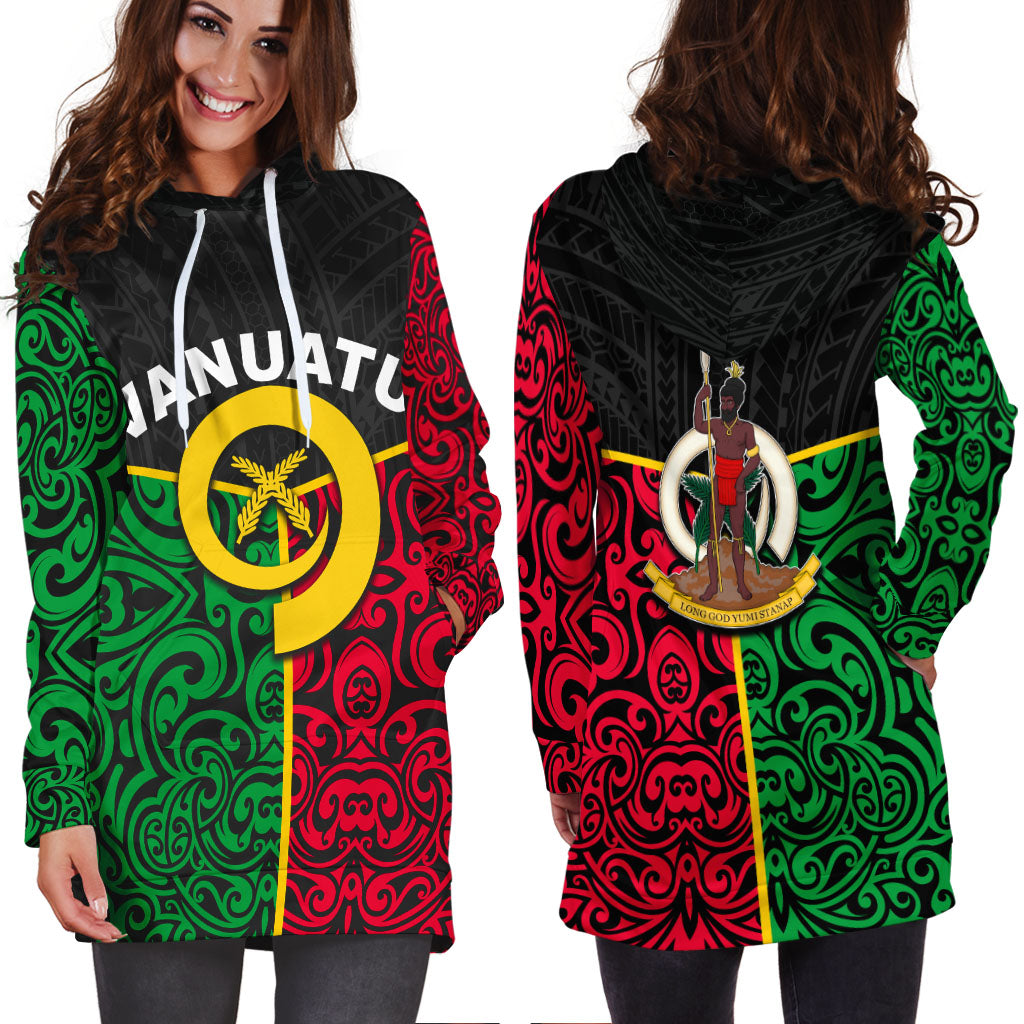 Vanuatu Hoodie Dress Polynesian Patterns Mix Flag LT6 Black - Polynesian Pride