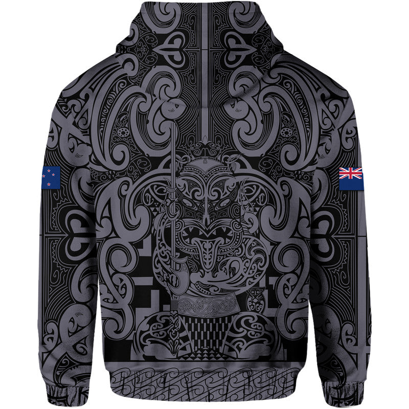 New Zealand Taiaha Maori Hoodie Minimalist Silver Fern All Black LT9 - Polynesian Pride
