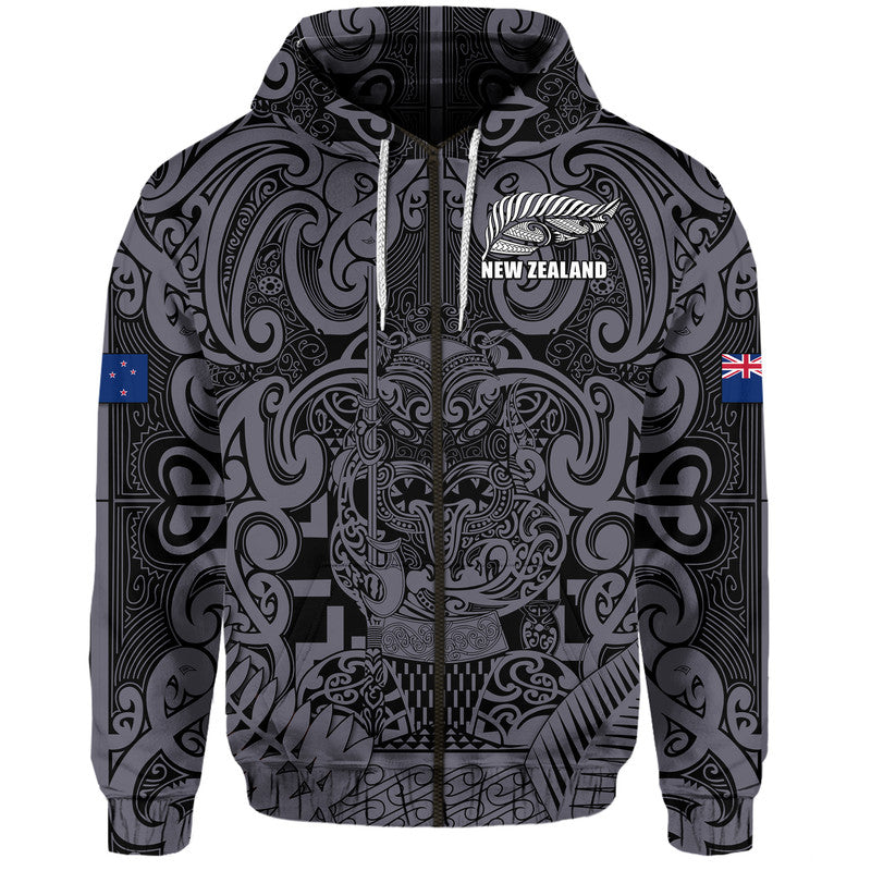 New Zealand Taiaha Maori Hoodie Minimalist Silver Fern All Black LT9 - Polynesian Pride