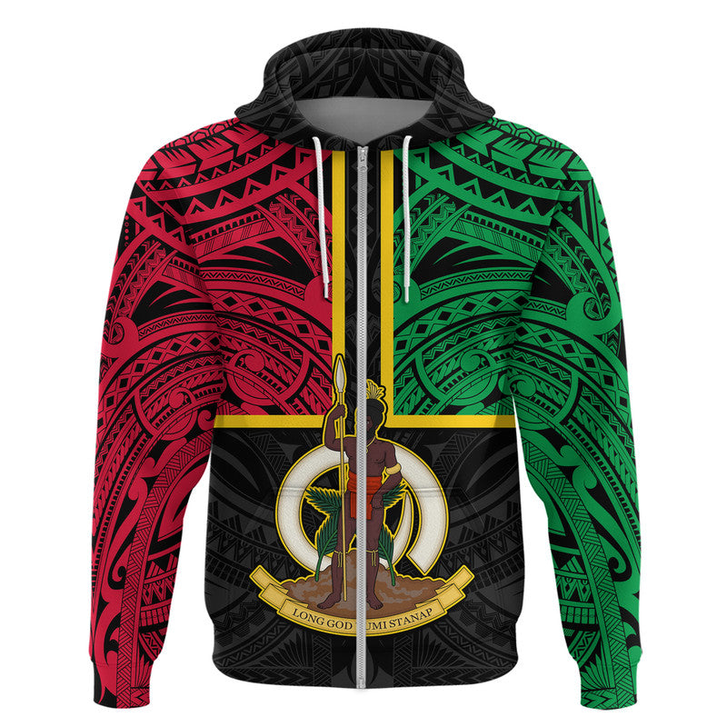 Custom Vanuatu Hoodie Tribal Vanuatu Coat of Arms Flag Style LT9 Zip Hoodie Black - Polynesian Pride