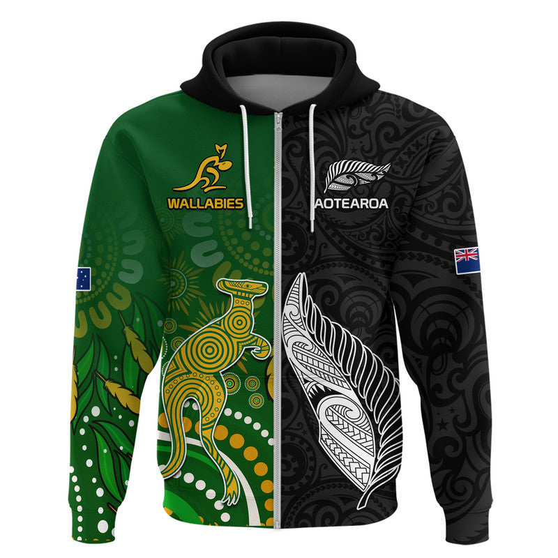 Custom Aotearoa Rugby All Black Combine Australia Wallabies Hoodie Aboriginal Kangaroo and Maori Fern LT9 Zip Hoodie Black - Polynesian Pride