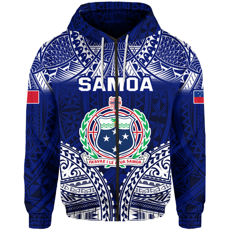 Samoa Coat of Arms Hoodie Polynesian Pattern LT9 Zip Hoodie Blue - Polynesian Pride