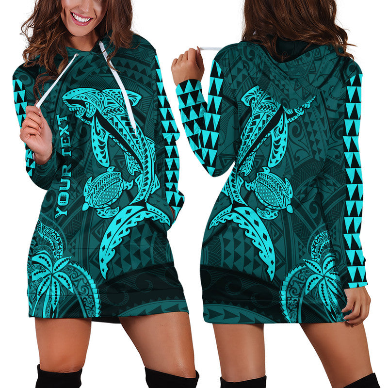 (Custom Personalised) Hawaii Hoodie Dress Shark and Turtle Mix Kakau Turquoise LT9 Turquoise - Polynesian Pride