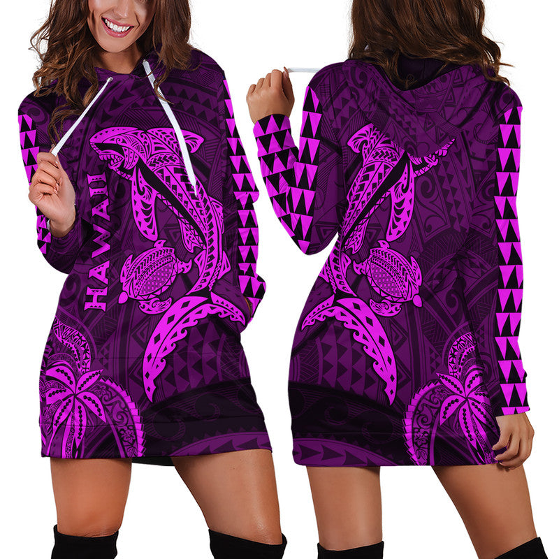 Hawaii Hoodie Dress Shark and Turtle Mix Kakau Purple LT9 Purple - Polynesian Pride