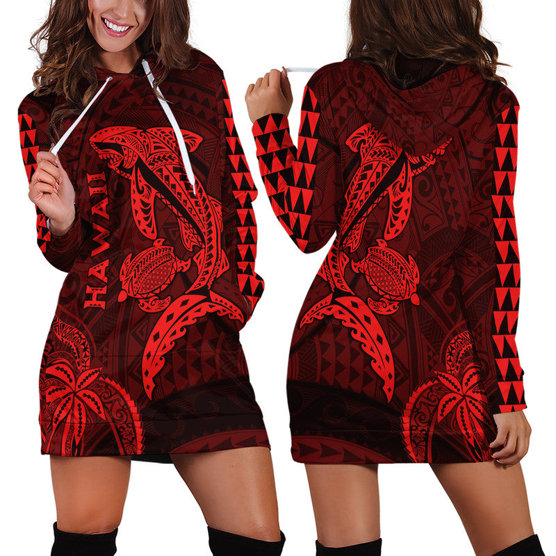 Hawaii Hoodie Dress Shark and Turtle Mix Kakau Red LT9 Red - Polynesian Pride