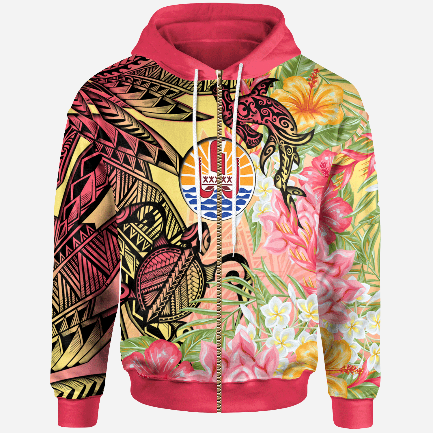 French Polynesia Zip Hoodie Flowers Tropical With Sea Animals Unisex Pink - Polynesian Pride