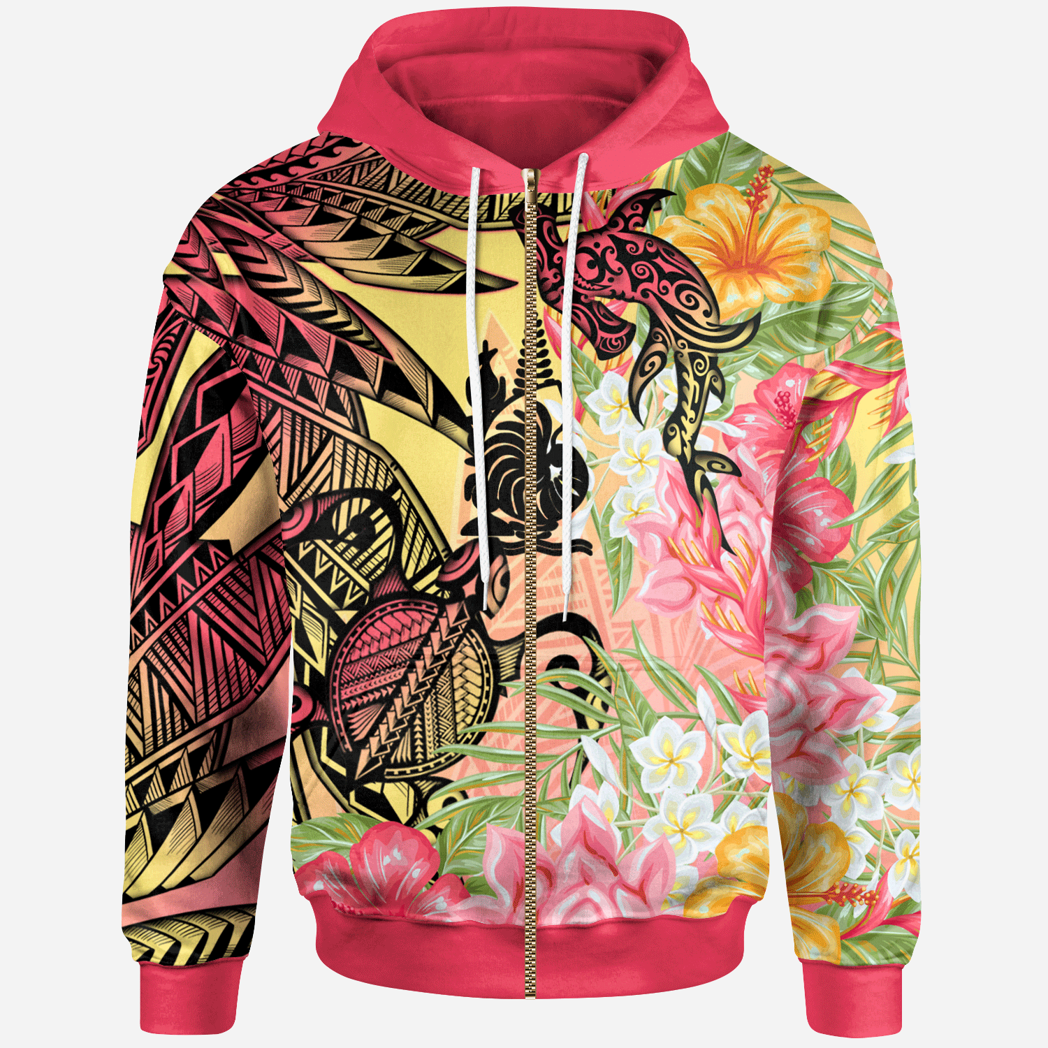 New Caledonia Zip Hoodie Flowers Tropical With Sea Animals Unisex Pink - Polynesian Pride