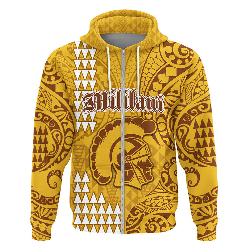 Custom Hawaii Mililani High School Hoodie Tribal Kakau LT9 Zip Hoodie Yellow - Polynesian Pride